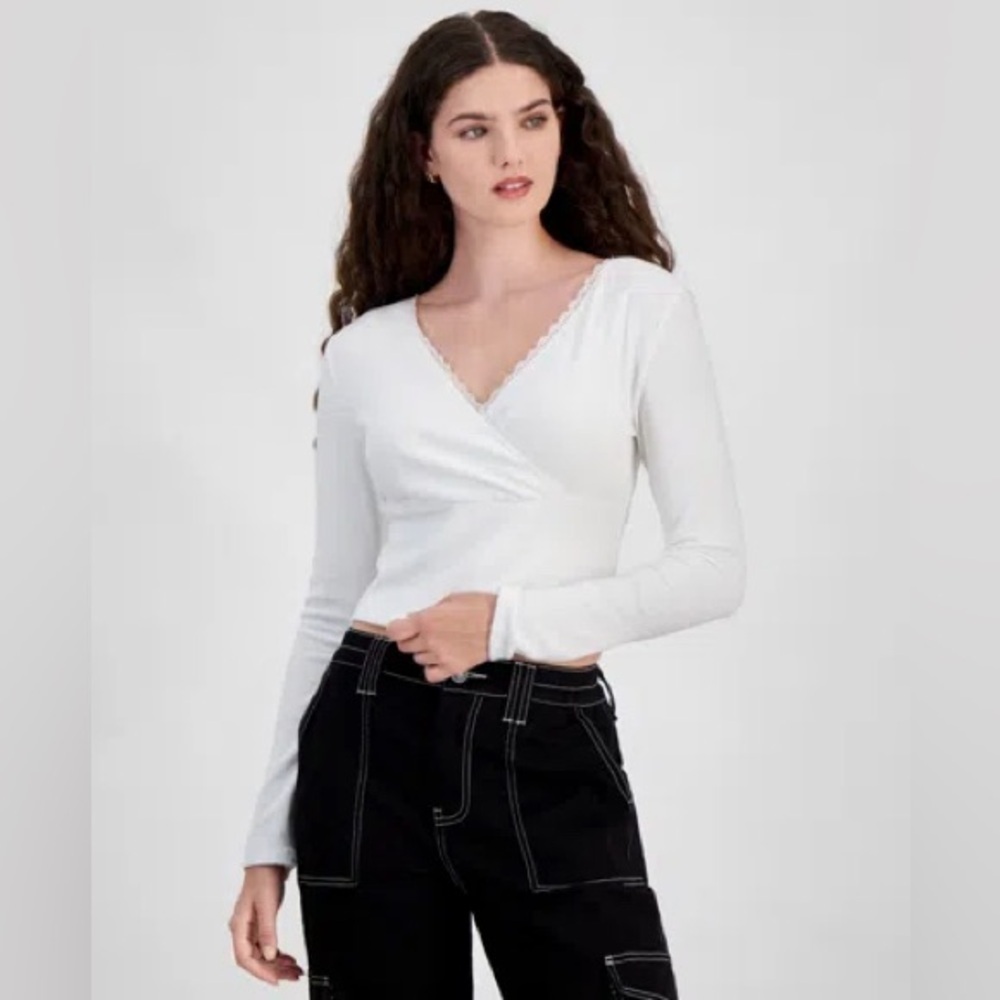 Sugar Moon Rib Knit Surplice Top Snow White XL NWT Long Sleeve Wrap Style